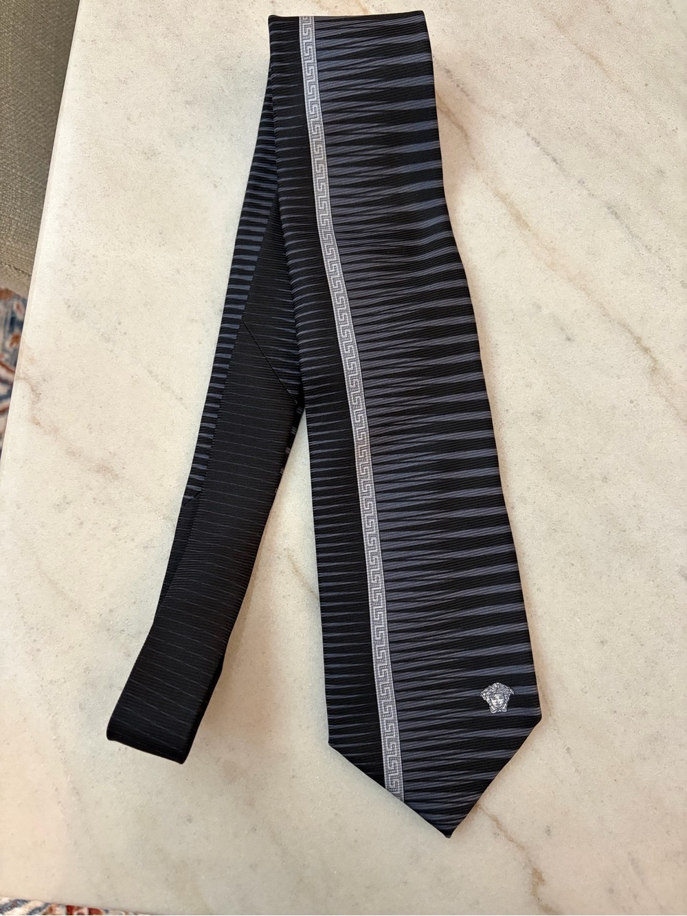 Versace Men's Black Striped Silk Tie with Greca Stripe Medusa accents